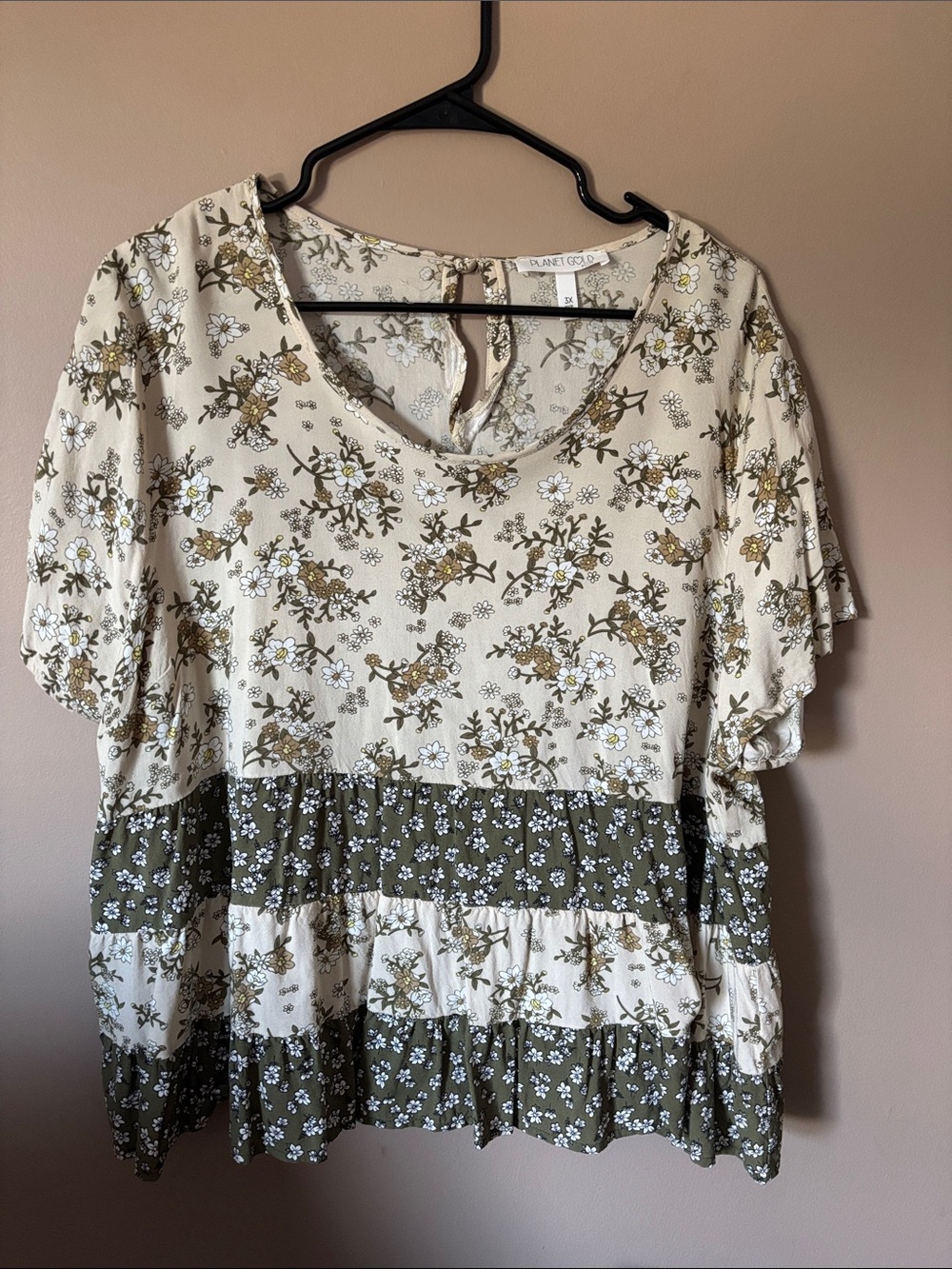 Planet Gold Cream and Olive Floral Tiered Short Sleeve Tunic